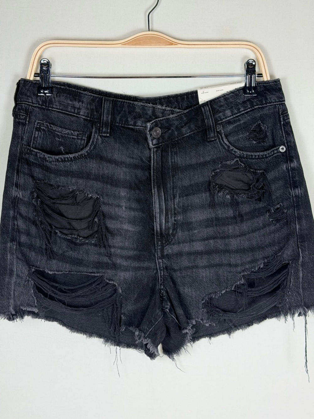 American Eagle Black Denim Shorts Size 12 High Rise Distressed Mom Jean NWT